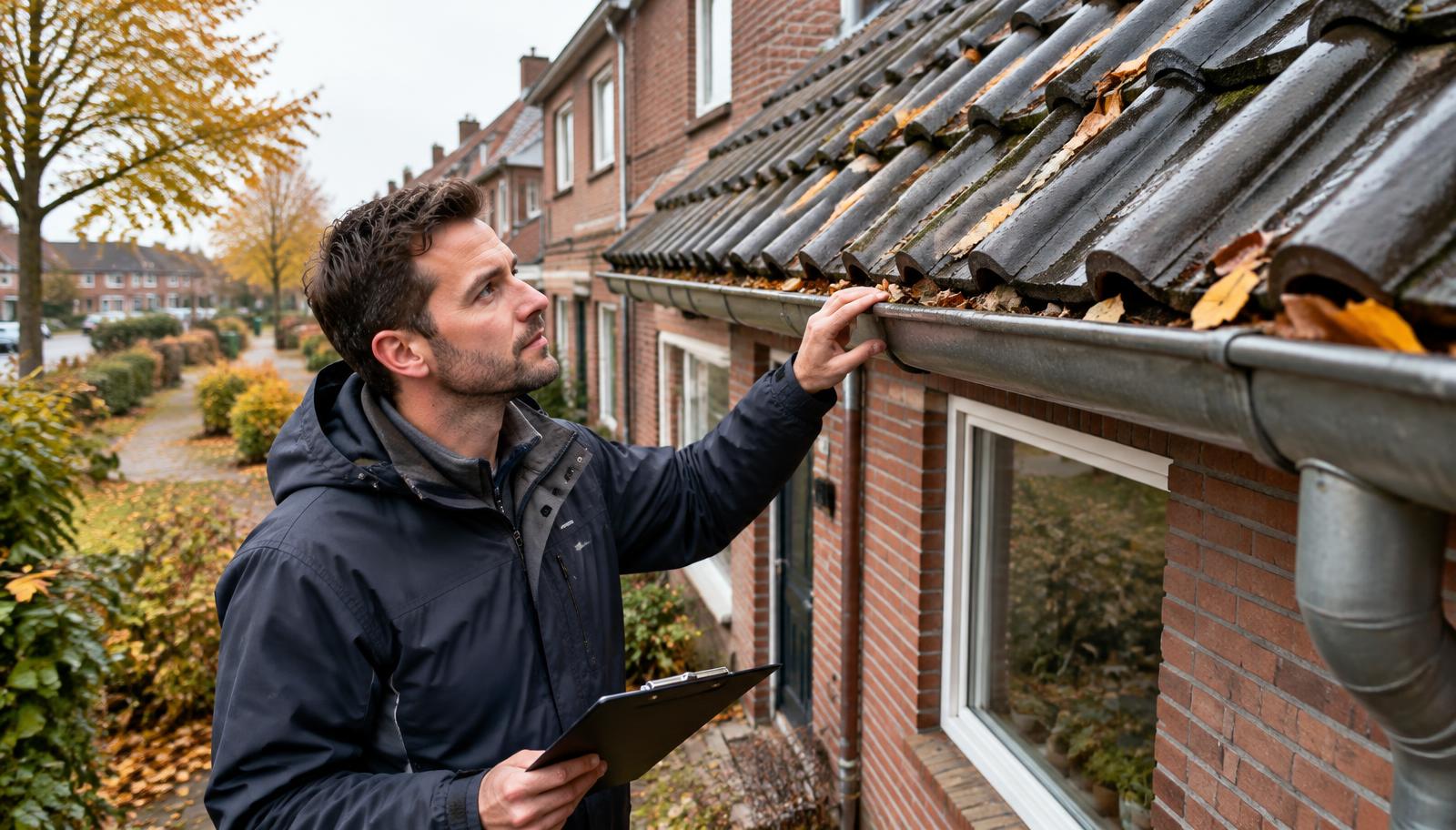 Dakspecialist voert een jaarlijkse dakcontrole uit bij een Nederlandse woning