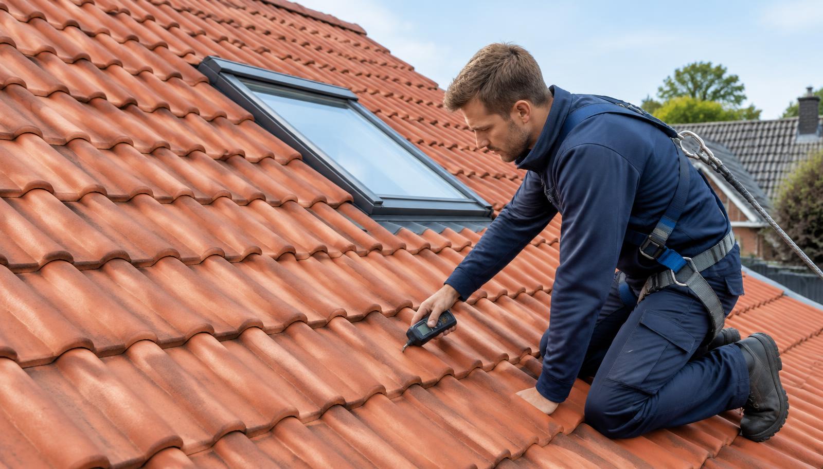Dakspecialist controleert een pannendak tijdens een dakinspectie