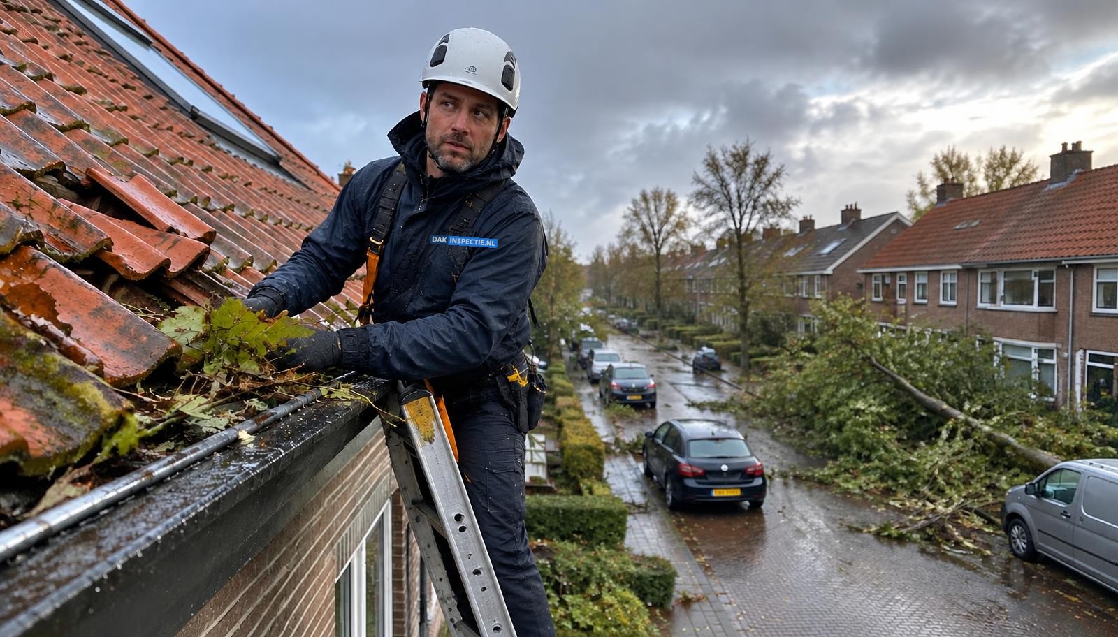Dakspecialist controleert stormschade aan een Nederlands pannendak