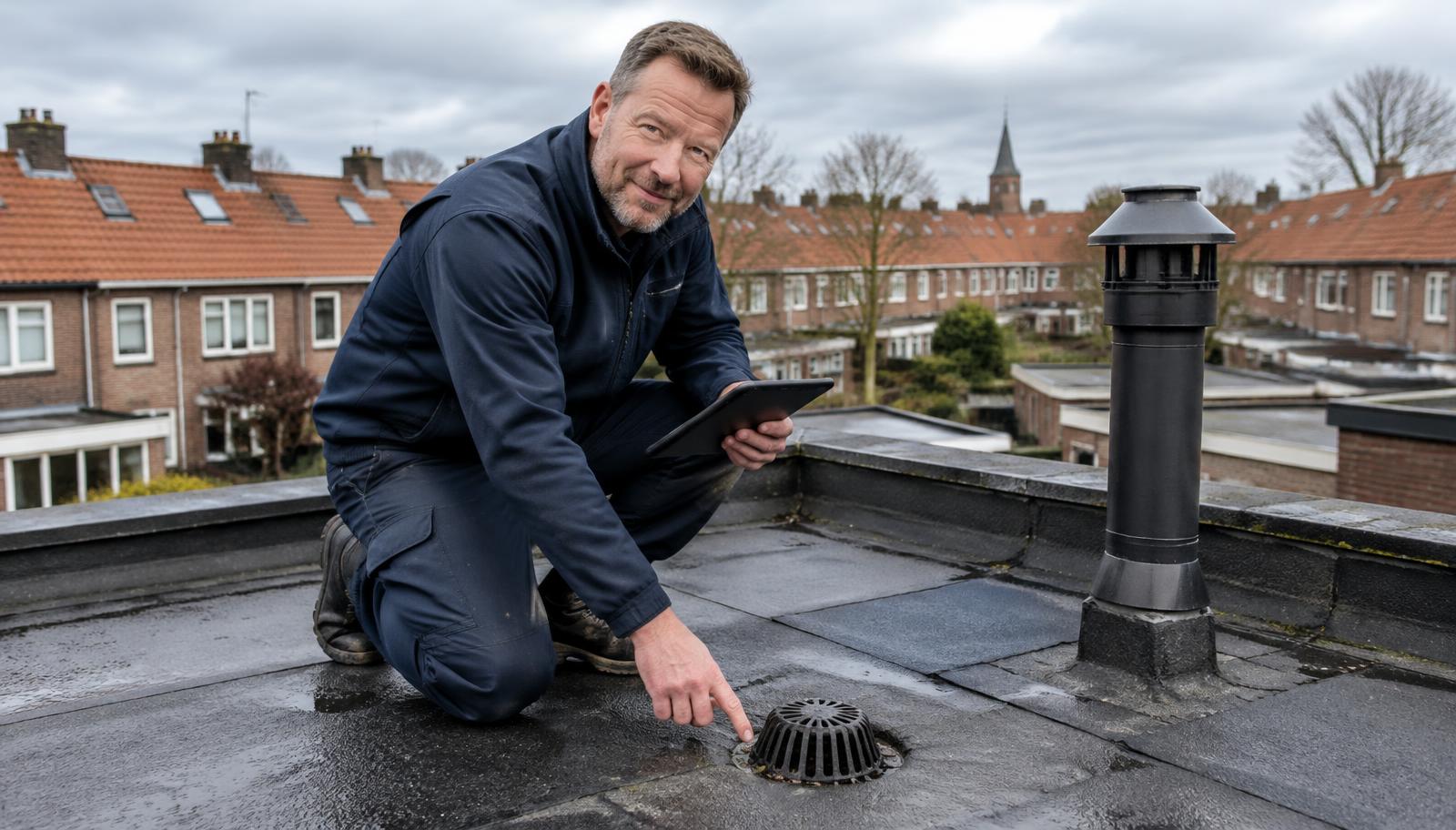 Dakspecialist van Dakinspectie.nl inspecteert een plat dak van een Nederlandse woning