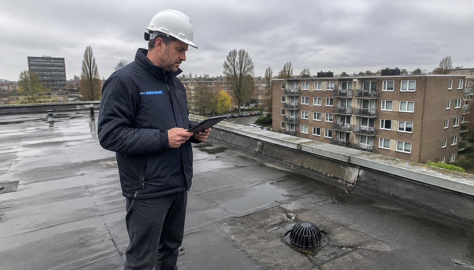 Dakspecialist van Dakinspectie.nl inspecteert het platte dak van een Nederlands appartementencomplex