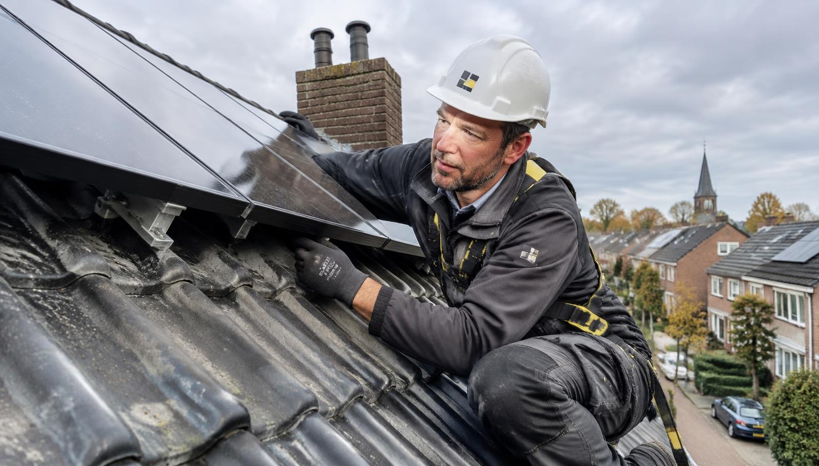 Dakspecialist controleert de dakbedekking en montage onder zonnepanelen op een Nederlands pannendak