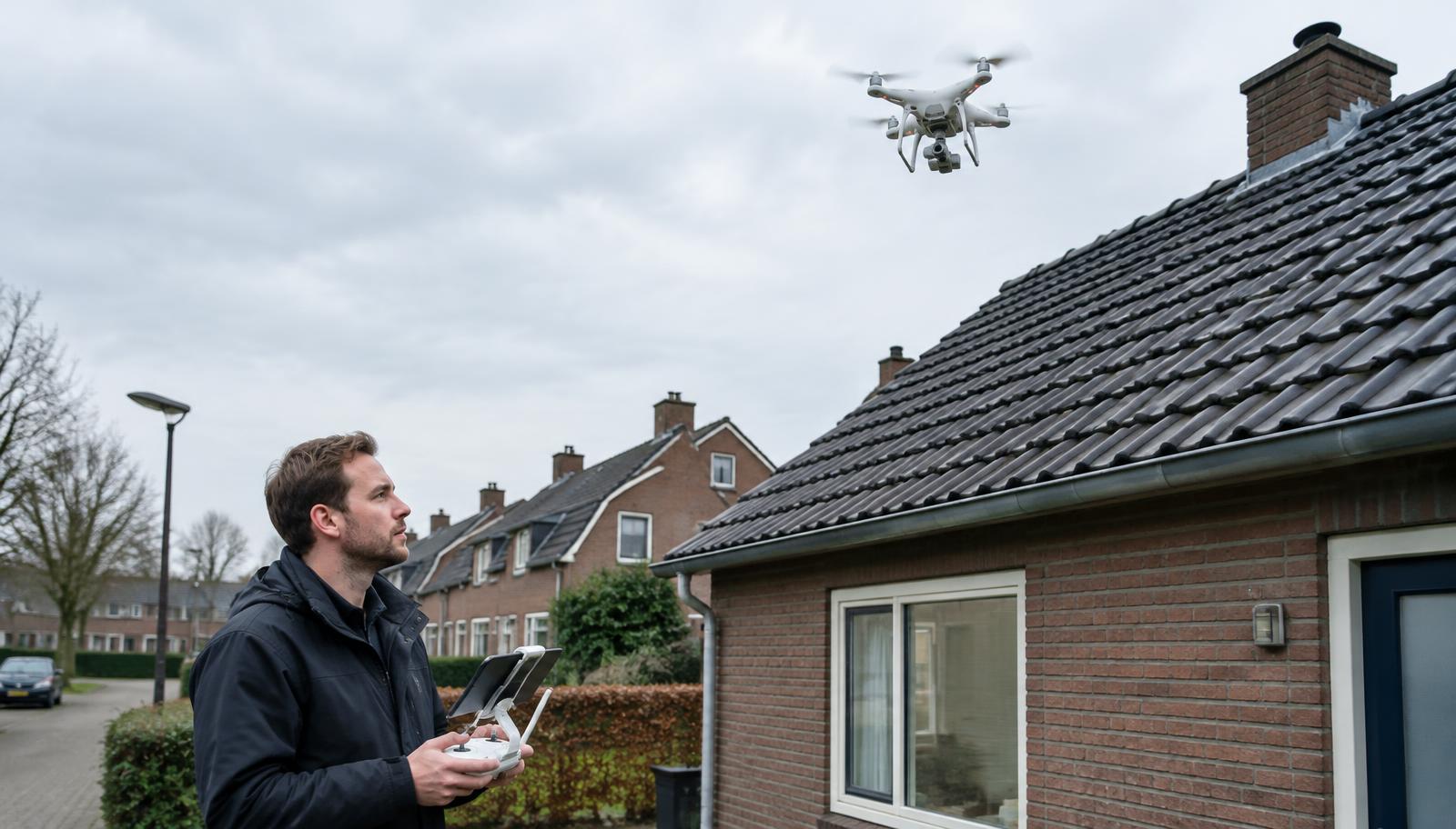 Dakspecialist bestuurt een inspectiedrone boven een Nederlands pannendak