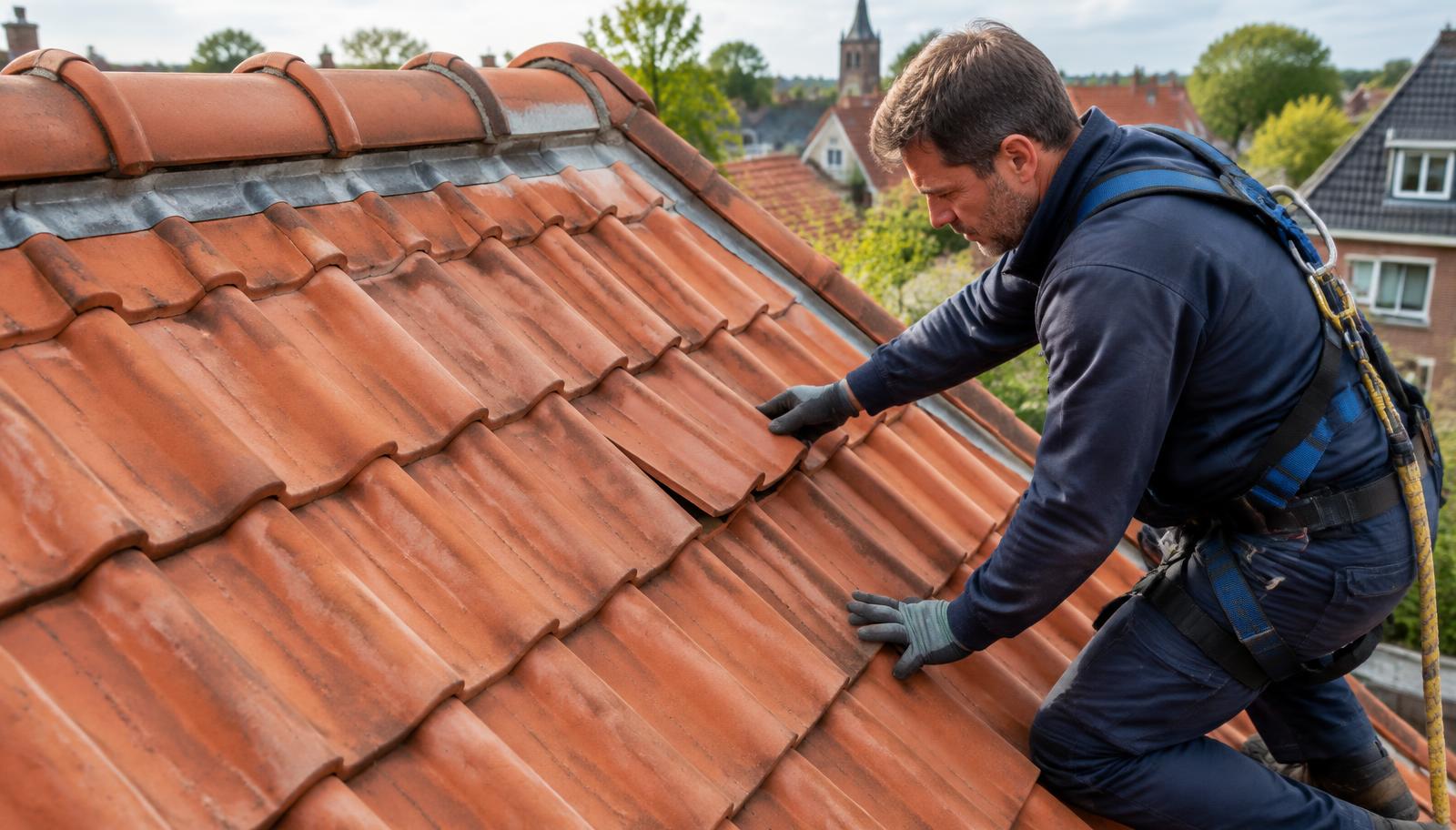 Dakspecialist controleert de dakpannen van een pannendak