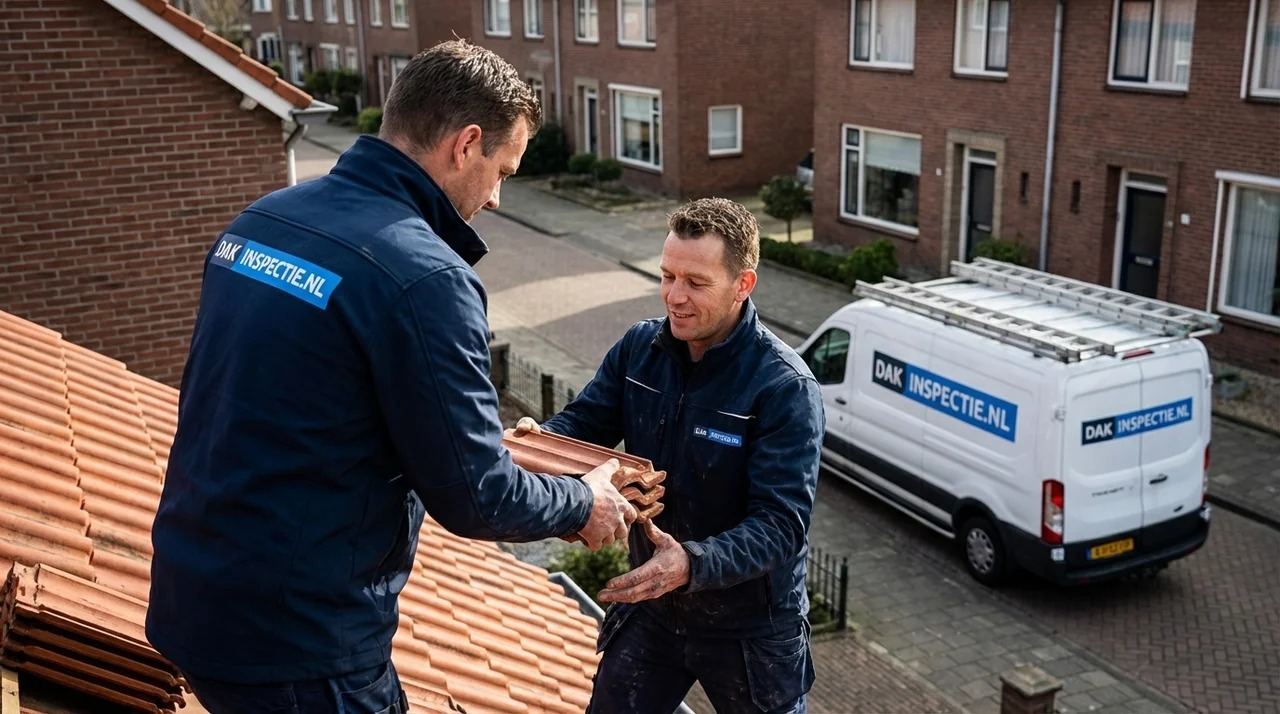 Close-up van dakpannen met vochtsporen