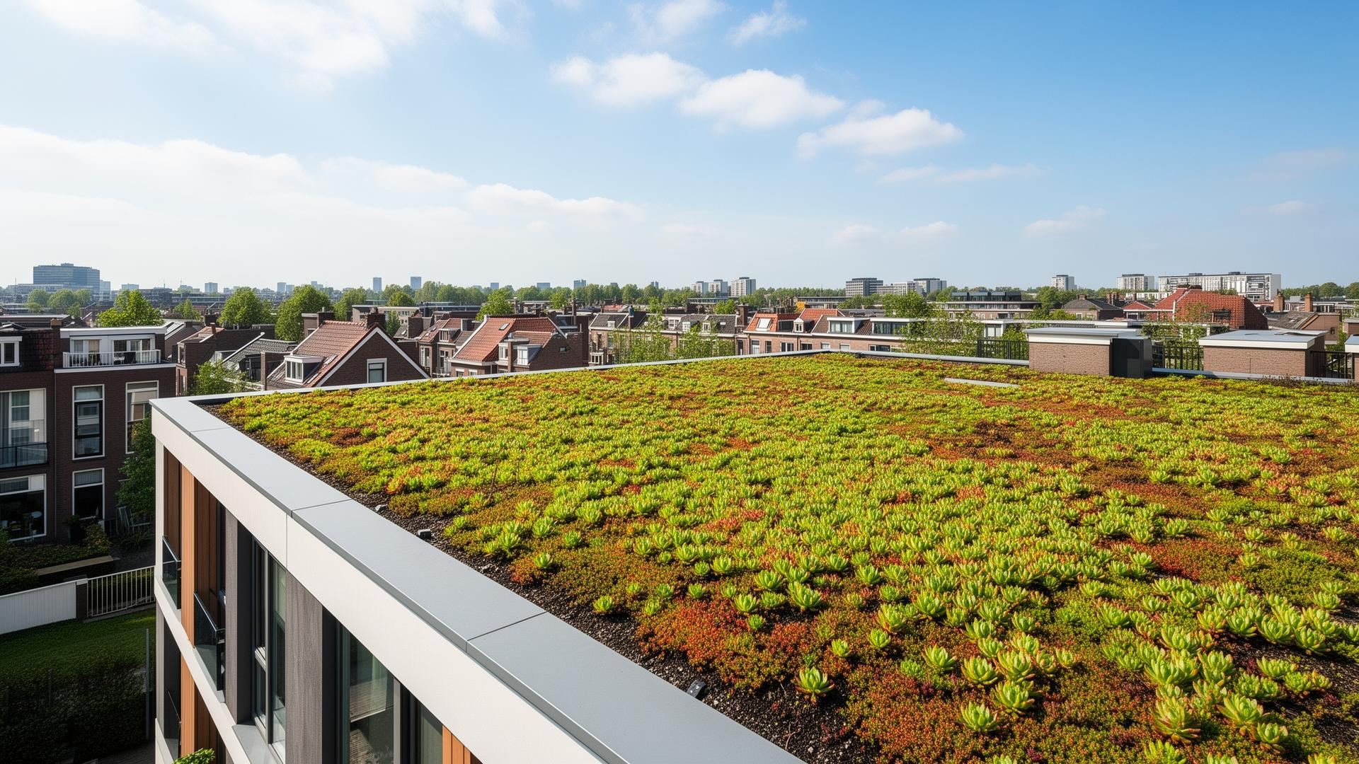 Sedum groendak met vetplanten op een moderne woning