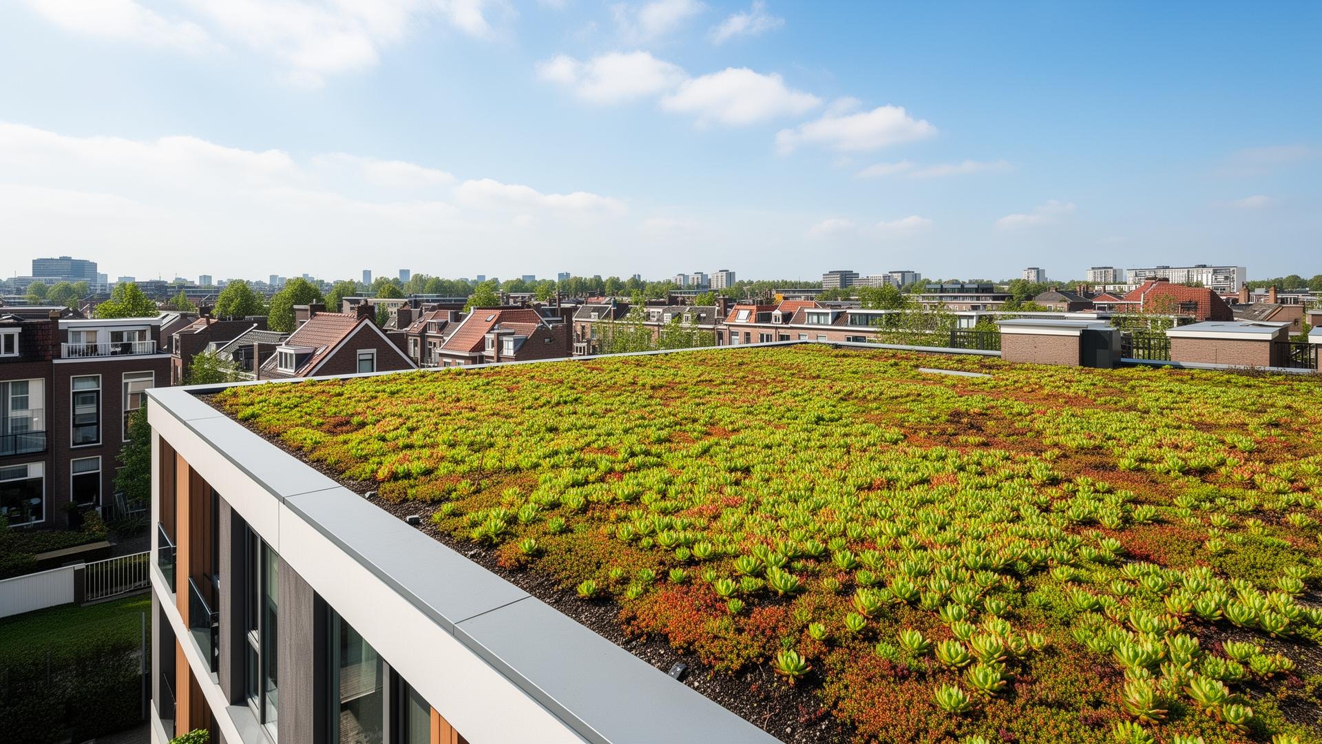 Sedum groendak met vetplanten op een moderne woning